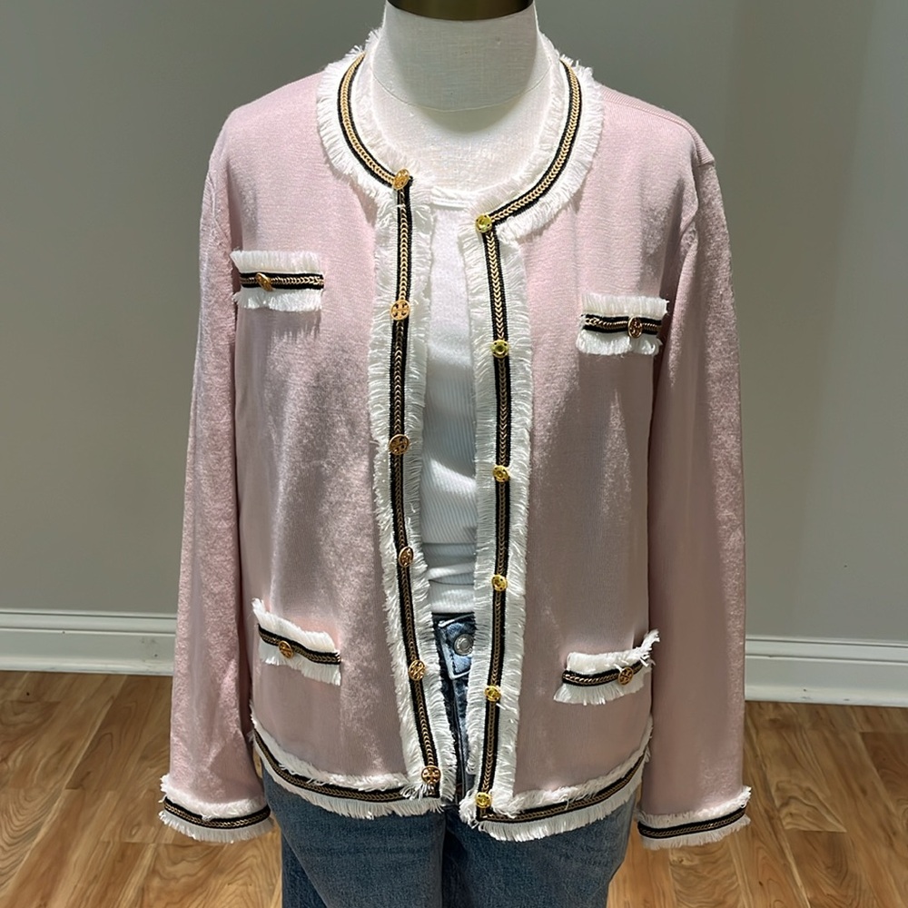 Like NEW! Tory Burch Kendra Fringe wool button cardigan in pink size L